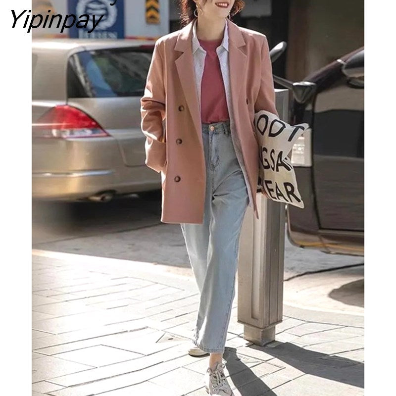 Yipinpay 2023 Autumn Korean Style Long Sleeve Pink Women Blazer Office Lady Suit Blazers Work Winter Female Loose Clothing Coat
