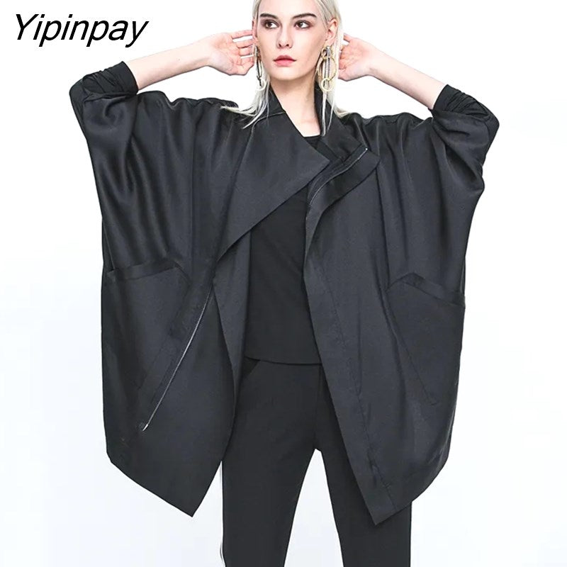 Yipinpay 2023 Autumn Oversize Bat Sleeve Gothic Long Trench Women Minimalist Style Black Zipper Up Coat Fall Outerwear Windbreaker