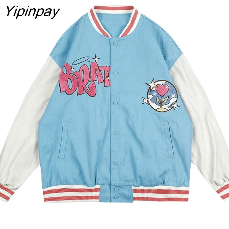 Yipinpay Womens Coats and  Y2K Jackets High Street Hip Hop Baseball Uniforms Street Casual Coat Loose Stitching Jacket Tops BRATZ Summer