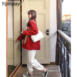 Yipinpay 2023 Winter Christmas Party Bear Embroidery Red Knitted Cardigan Women Sweet Button Ladies Sweater Coat Female Clothing