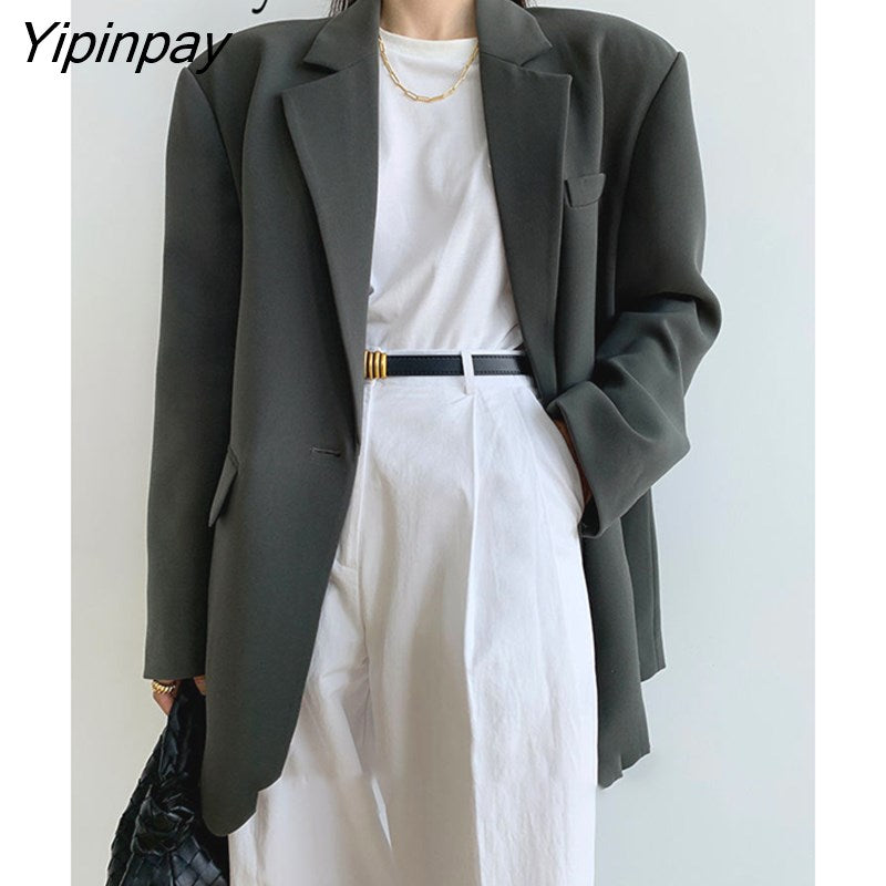 Yipinpay 2023 Autum Oversize Full Sleeve Gray Women Blazer Office Lady Solid Suit Blazers Work Winter Female Clothing Jackets Coat