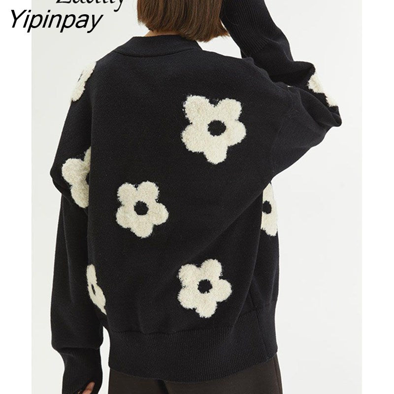 Yipinpay 2023 Winter New In Vintage Floral EmbroideryLoose Women Knit Cardigan Korea Style Button Up Ladies Sweater Coat Clothing