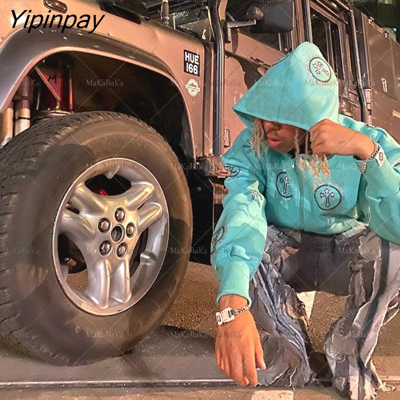 Yipinpay Women Y2k Cross Zip Hoodie Rhinestone goth Sweatshirt Sport Coat Gothic Long Sleeve Oversized hoodie jacket Men's hoodies