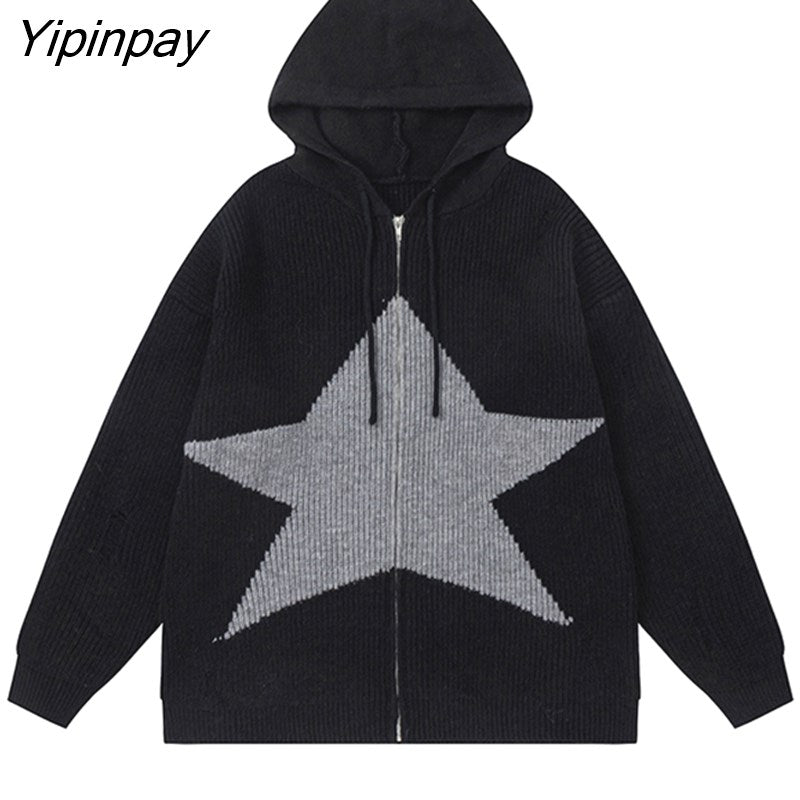 Yipinpay Women's Sweater Hoodies Cardigans Star Knit Long Sleeve Top Oversized Winter Coats Korean Fashion Jumper Y2k Streetwear Clothes