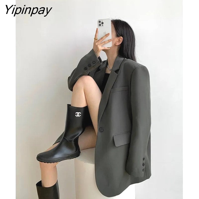 Yipinpay 2023 Autum Oversize Full Sleeve Gray Women Blazer Office Lady Solid Suit Blazers Work Winter Female Clothing Jackets Coat