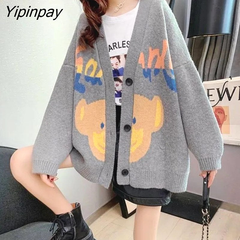 Yipinpay 2023 Winter Christmas Party Bear Embroidery Red Knitted Cardigan Women Sweet Button Ladies Sweater Coat Female Clothing