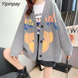 Yipinpay 2023 Winter Christmas Party Bear Embroidery Red Knitted Cardigan Women Sweet Button Ladies Sweater Coat Female Clothing