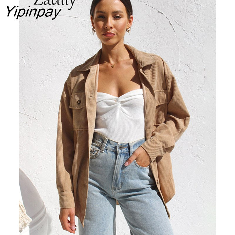 Yipinpay 2023 Winter New In Corduroy Full Sleeve Long Shirt Women Casual Thick Loose Button Up Woman Blouse Warm Clothing Coat Top