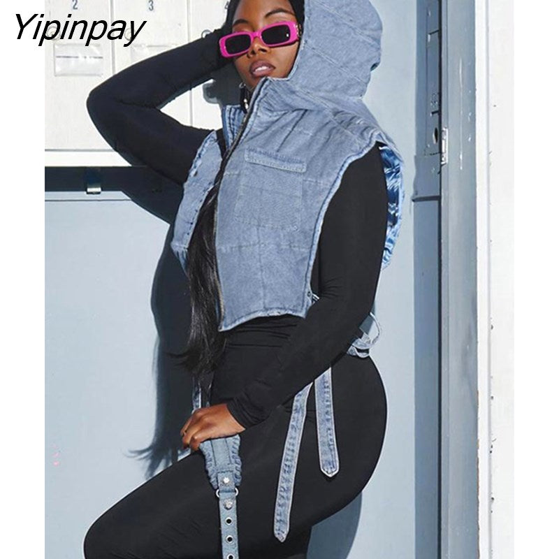 Yipinpay Women Sleeveless Jean Lace Up Vest Coat Female Zipper Fashion Designed Hoodies Streetwear Thickening Outwear Crop Top