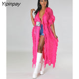 Yipinpay Women's Elegant knitted Ribbed Short Sleeve Tassel Maxi Long Cardigan Sweater 2023 Fashion chic Hole Capes Ponchos Outcoat