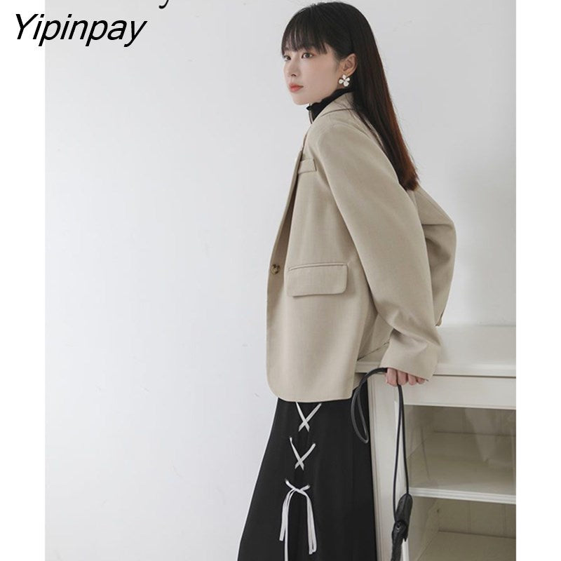 Yipinpay 2023 Winter Office Lady Long Sleeve Apricot Blazer Women Casual Solid Ladies Suit Blazers Work Fall Female Coat Clothing