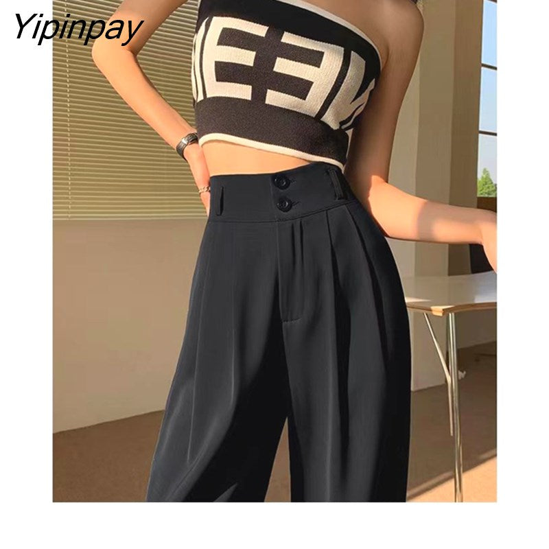 Yipinpay 2023 Autumn Wide Leg Women Classic Suit Pants Vintage Office Elegant Casual Black Trousers Female High Wasit Pants