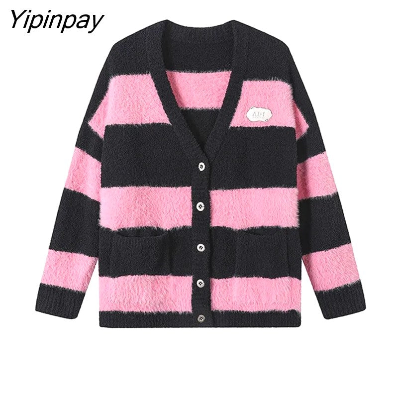 Yipinpay 2023 Winter Korean Style Long Sleeve Women Knit Cardigan Coat Casual Button Up Striped Loose Ladies Sweater Female Tops