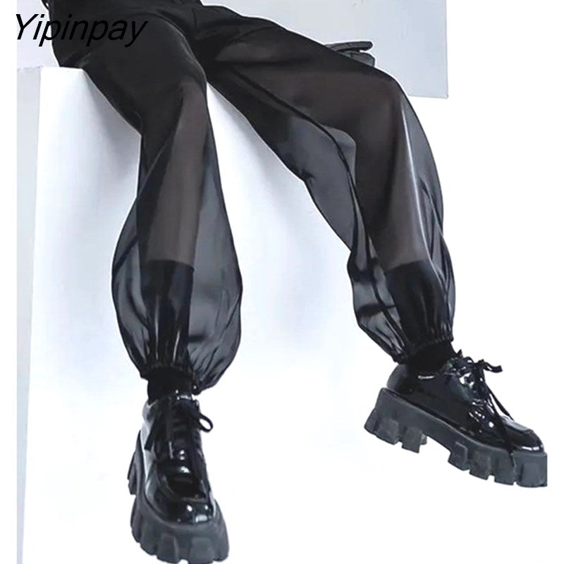 Yipinpay 2023 Summer Street Style Patchwrok Transparent Pants Women Y2K Hip Hop Gauze Hight Waist Black Ladies Harem Pants
