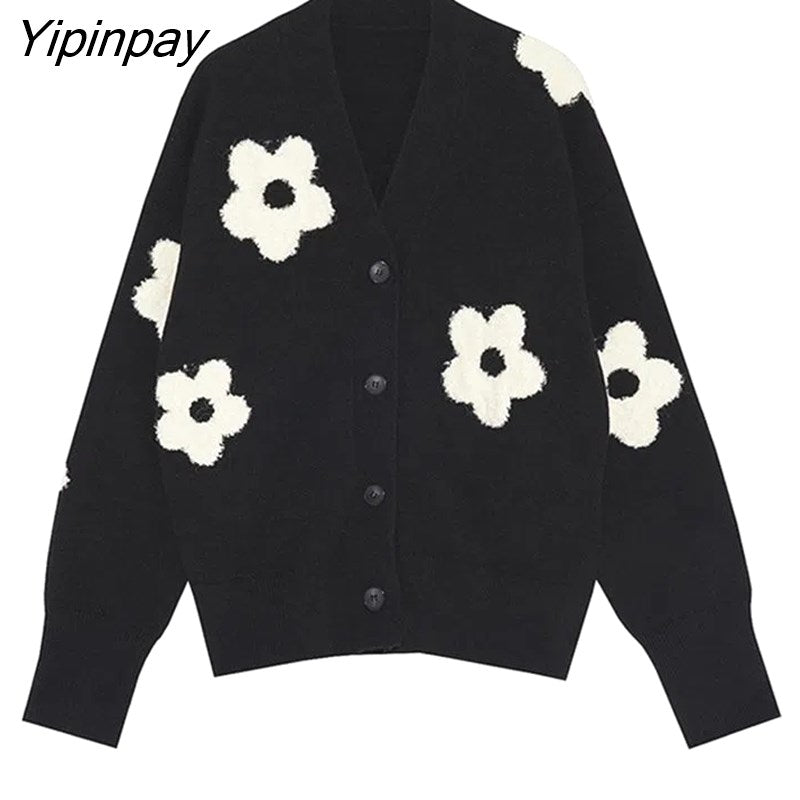 Yipinpay 2023 Winter New In Vintage Floral EmbroideryLoose Women Knit Cardigan Korea Style Button Up Ladies Sweater Coat Clothing