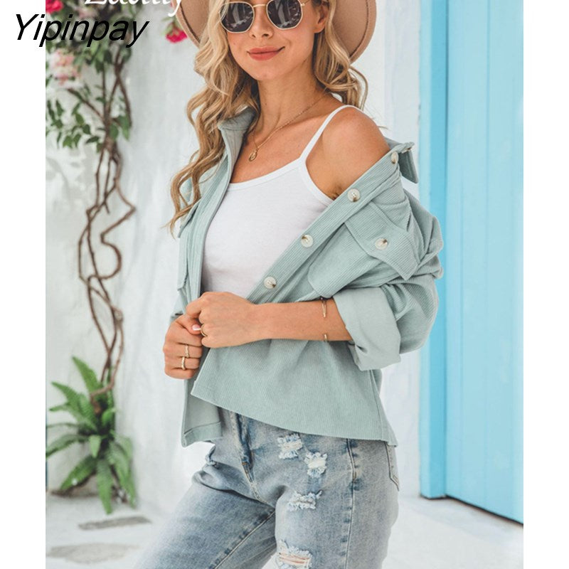 Yipinpay 2023 Winter New In Corduroy Long Sleeve Short Shirt Women Casual Thick Loose Button Woman Coat Blouse Warm Clothing Top