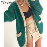 Yipinpay Block Plaid Knit Sweater Sexy Button Up Cardigan Long Sleeve Loose Tops V Neck With Pockets Streetwear Baggy Sweater Coats