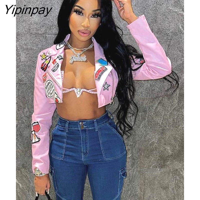 Yipinpay PU Leather Crop Jacket For Women Zipper Lapel Motorcycle Jacket Coat 2023 Spring Punk Embroidery High Street Outwear