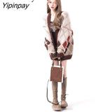 Yipinpay 2023 Winter Vintage Argyle Long Sleeve Women Knit Cardigan Korean Style Oversize Button Sweater Female Clothing Coat Tops