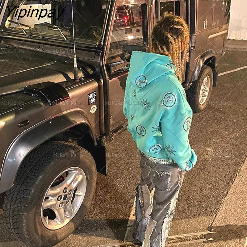 Yipinpay Women Y2k Cross Zip Hoodie Rhinestone goth Sweatshirt Sport Coat Gothic Long Sleeve Oversized hoodie jacket Men's hoodies