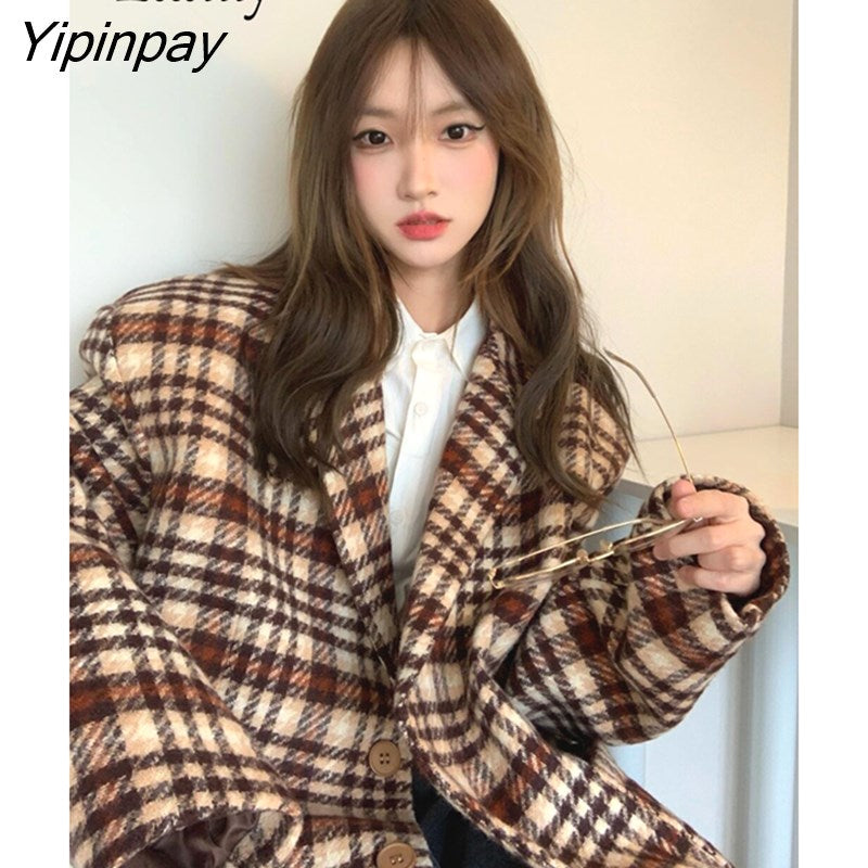 Yipinpay 2023 Winter Office Lady Plaide Long Sleeve Women Blazer Korea Style Oversize Warm Ladies Suit Blazers Work Female Coat