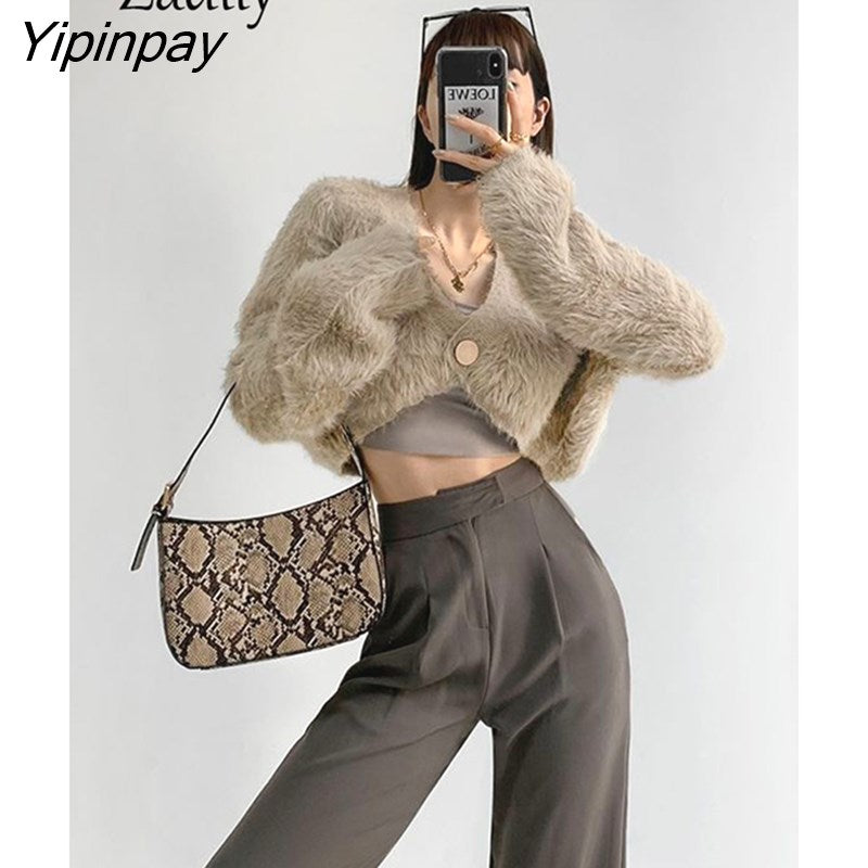 Yipinpay 2023 Winter Sexy Mohair Long Sleeve Button Up Women Cardigan Korea Style Solid Ladies Short Sweater Coat Party Clothing