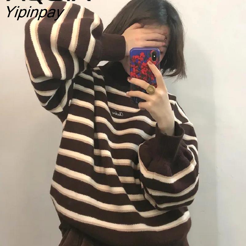 Yipinpay Winter Chic Pullover Women Striped Turtleneck Loose Knitwear Sweater Trendy Ulzzang Warm Student INS Coat Soft Daily Jumper