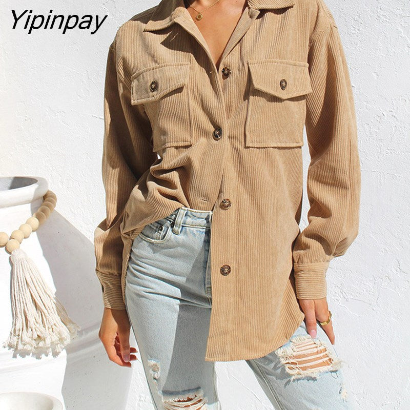 Yipinpay 2023 Winter New In Corduroy Full Sleeve Long Shirt Women Casual Thick Loose Button Up Woman Blouse Warm Clothing Coat Top