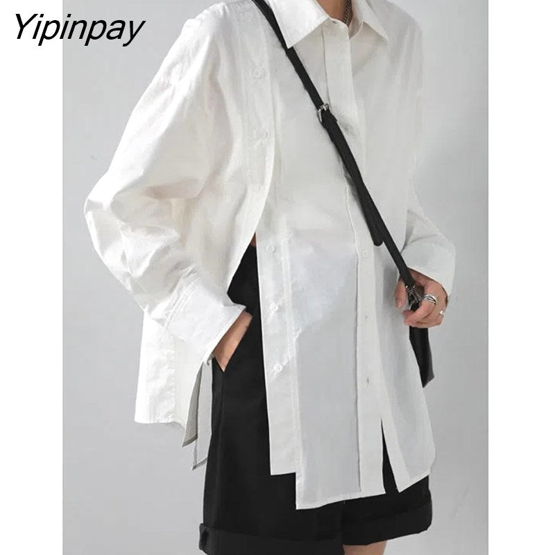 Yipinpay 2023 Spring New In Office Lady Long Sleeve Asymmetrical White Shirt Women Loose Double Breasted Button Tunic Blouse Tops 0406