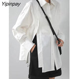 Yipinpay 2023 Spring New In Office Lady Long Sleeve Asymmetrical White Shirt Women Loose Double Breasted Button Tunic Blouse Tops 0406