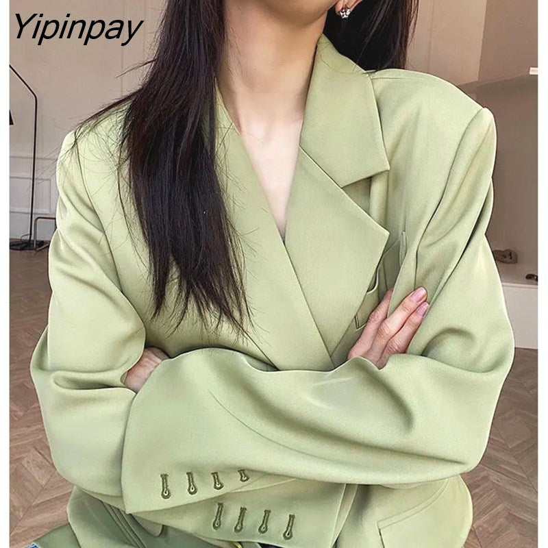 Yipinpay 2023 Autum Oversize Long Sleeve Green Women Blazer Office Lady Solid Work Suit Blazers Work Female Clothing Jackets Coat
