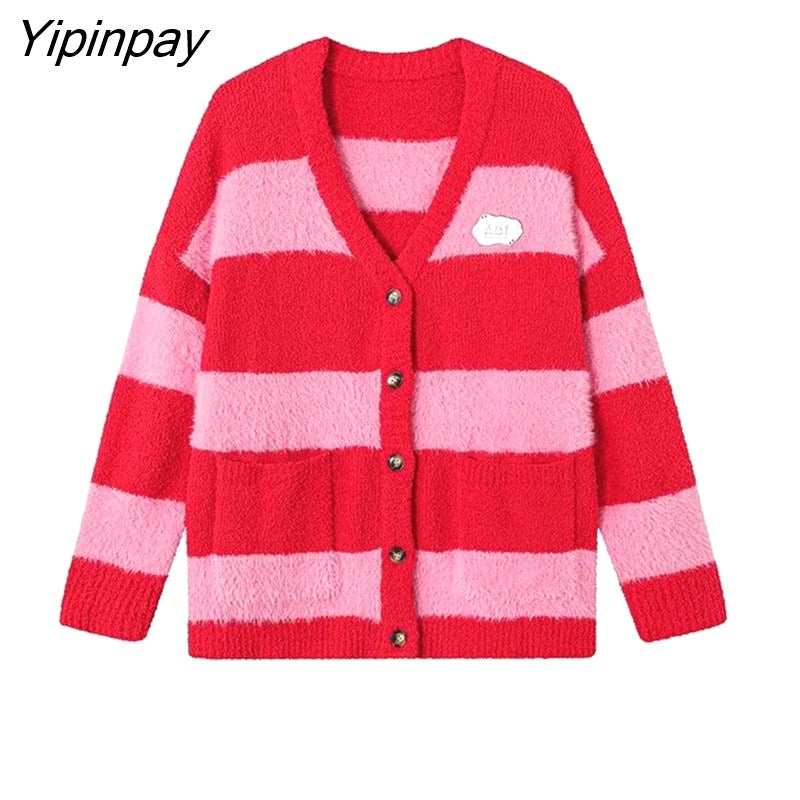 Yipinpay 2023 Winter Korean Style Long Sleeve Women Knit Cardigan Coat Casual Button Up Striped Loose Ladies Sweater Female Tops