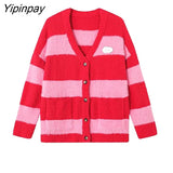 Yipinpay 2023 Winter Korean Style Long Sleeve Women Knit Cardigan Coat Casual Button Up Striped Loose Ladies Sweater Female Tops