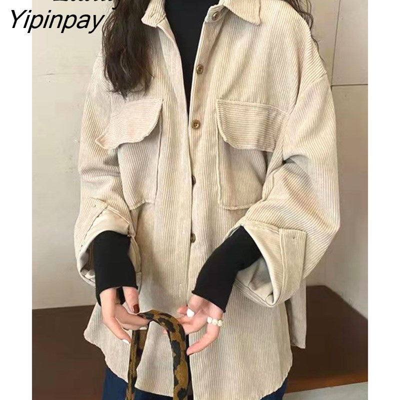Yipinpay 2023 Winter Minimalist Long Sleeve Corduroy Shirt Women Korean Style Button Up Ladies Blouse Coat Female Clothing Tops