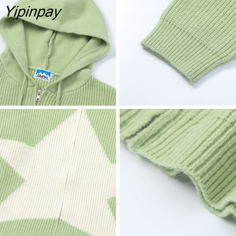 Yipinpay Women's Sweater Hoodies Cardigans Star Knit Long Sleeve Top Oversized Winter Coats Korean Fashion Jumper Y2k Streetwear Clothes
