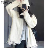 Yipinpay 2023 Winter Streetwear Frayed Long Sleeve Knit Cardigan Women Korean Style Patchwork Fake Two Pieces Ladies Sweater Coat