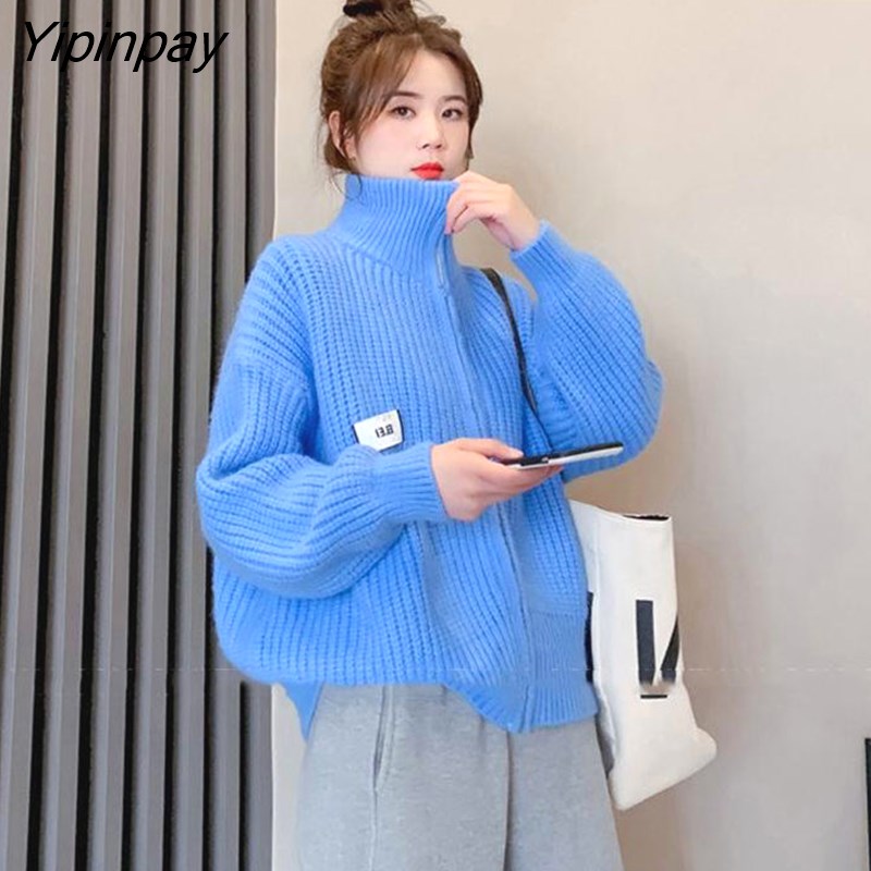 Yipinpay Autumn Y2K Knit Button Women's Sweater Street Style Long Sleeve Zipper Loose Cardigan Coat 2023 Winter Outerwear Clothing