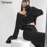 Yipinpay 2023 Winter Sexy Mohair Long Sleeve Button Up Women Cardigan Korea Style Solid Ladies Short Sweater Coat Party Clothing