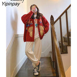 Yipinpay 2023 Winter Christmas Party Bear Embroidery Red Knitted Cardigan Women Sweet Button Ladies Sweater Coat Female Clothing