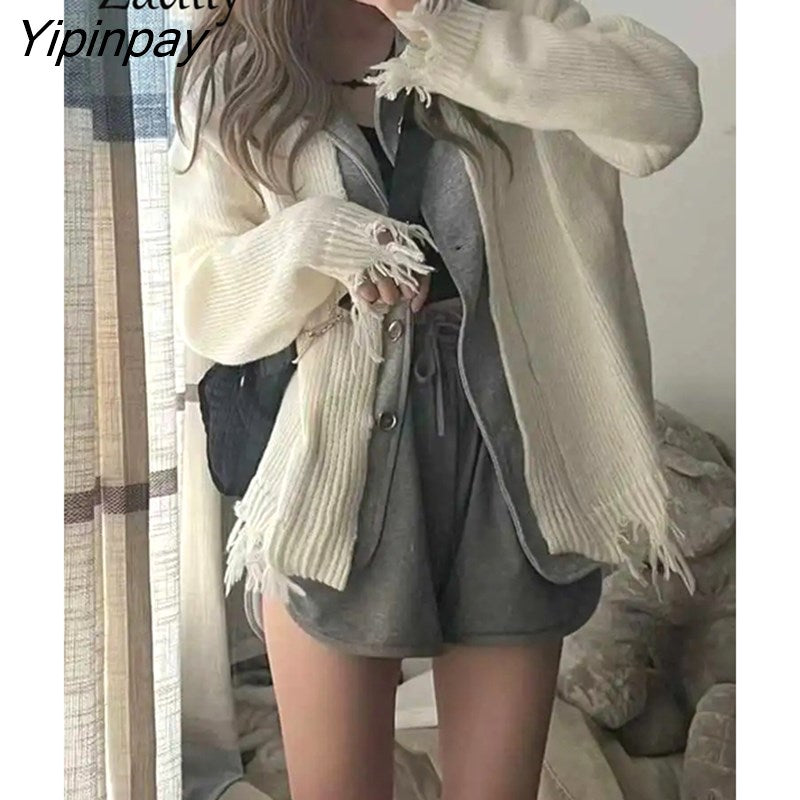 Yipinpay 2023 Winter Streetwear Frayed Long Sleeve Knit Cardigan Women Korean Style Patchwork Fake Two Pieces Ladies Sweater Coat