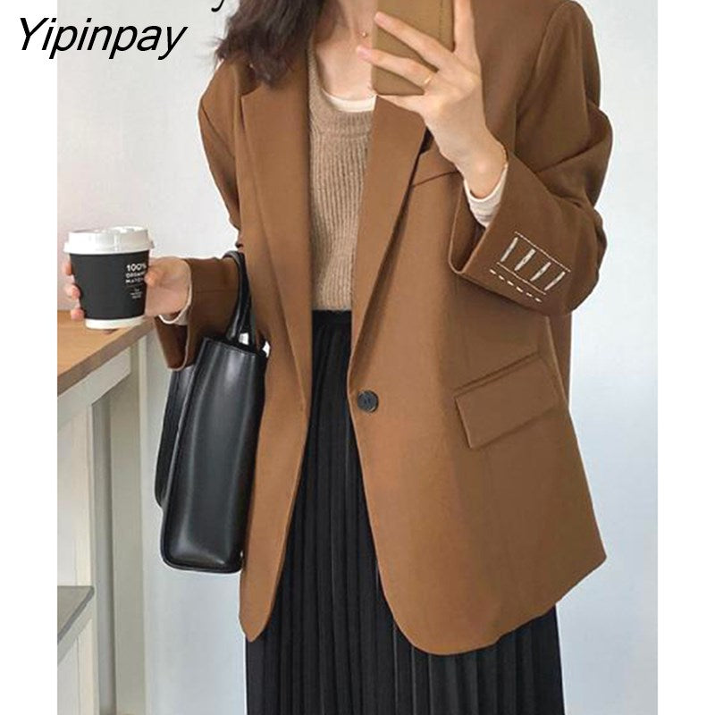 Yipinpay 2023 Autumn Long Sleeve Embroidery Women Blazer Office Lady Solid Suit Blazers Work Winter Female Loose Clothing Coat