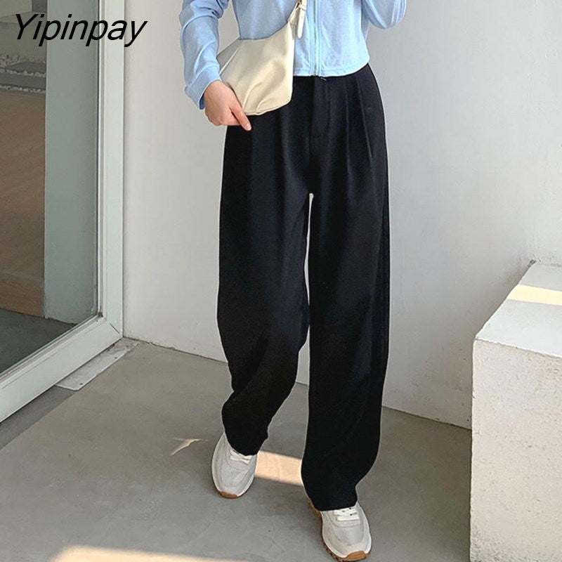 Yipinpay 2023 Autumn Fashion Wide Leg Women Classic Suit Pants Office Lady Elegant Casual Black Trousers Female High Wasit Pants