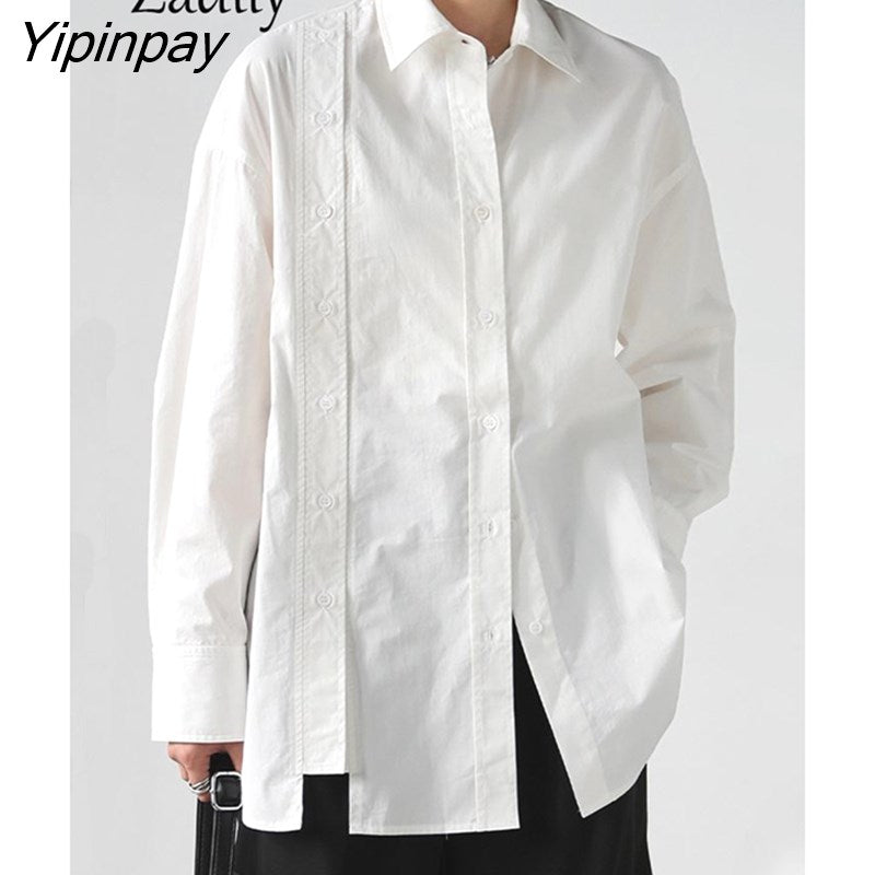 Yipinpay 2023 Spring New In Office Lady Long Sleeve Asymmetrical White Shirt Women Loose Double Breasted Button Tunic Blouse Tops 0406