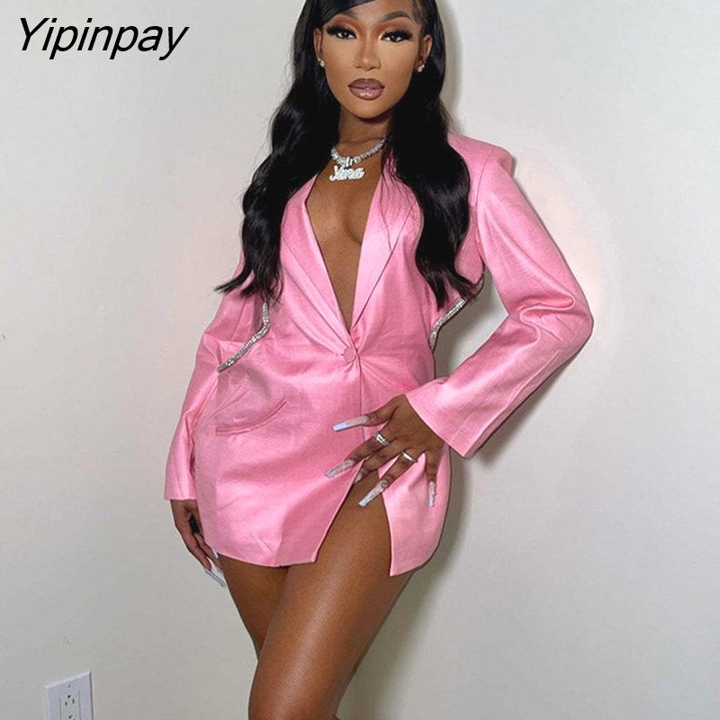 Yipinpay Cutout Backless Shinny Women's Blazer Female Long Sleeve One Button Suit Coat Tops 2023 Autumn Splicing Streetwear Outfit