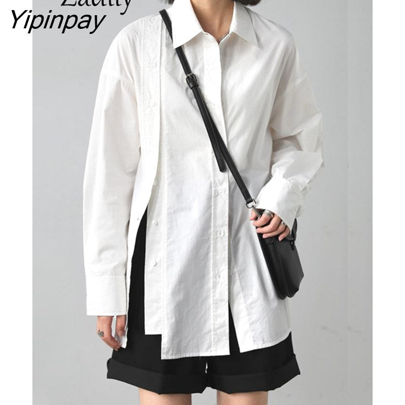 Yipinpay 2023 Spring New In Office Lady Long Sleeve Asymmetrical White Shirt Women Loose Double Breasted Button Tunic Blouse Tops 0406