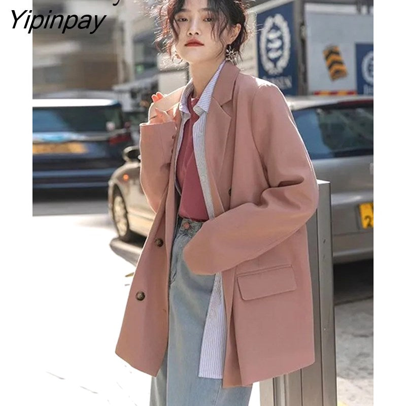 Yipinpay 2023 Autumn Korean Style Long Sleeve Pink Women Blazer Office Lady Suit Blazers Work Winter Female Loose Clothing Coat