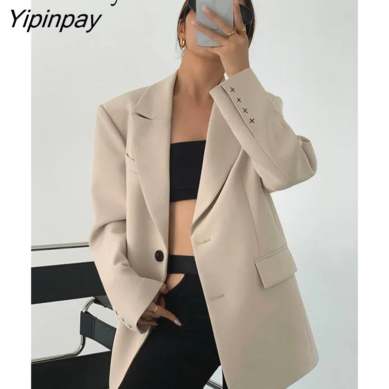 Yipinpay 2023 Autum Oversize Full Sleeve Long Women Blazer Office Lady Solid Work Suit Blazers Work Female Clothing Jackets Coat