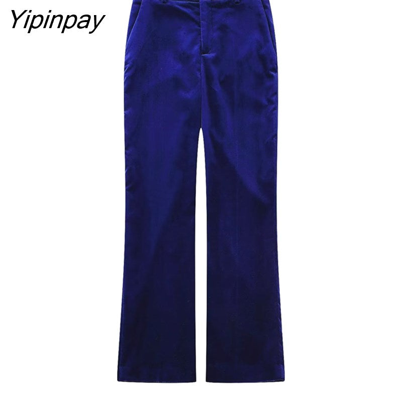 Yipinpay New Women Autumn Velvet Blazer Pants Set 2023 Fashion Office Single Button Jacket Coat Female Oversize Clothes Outerwear