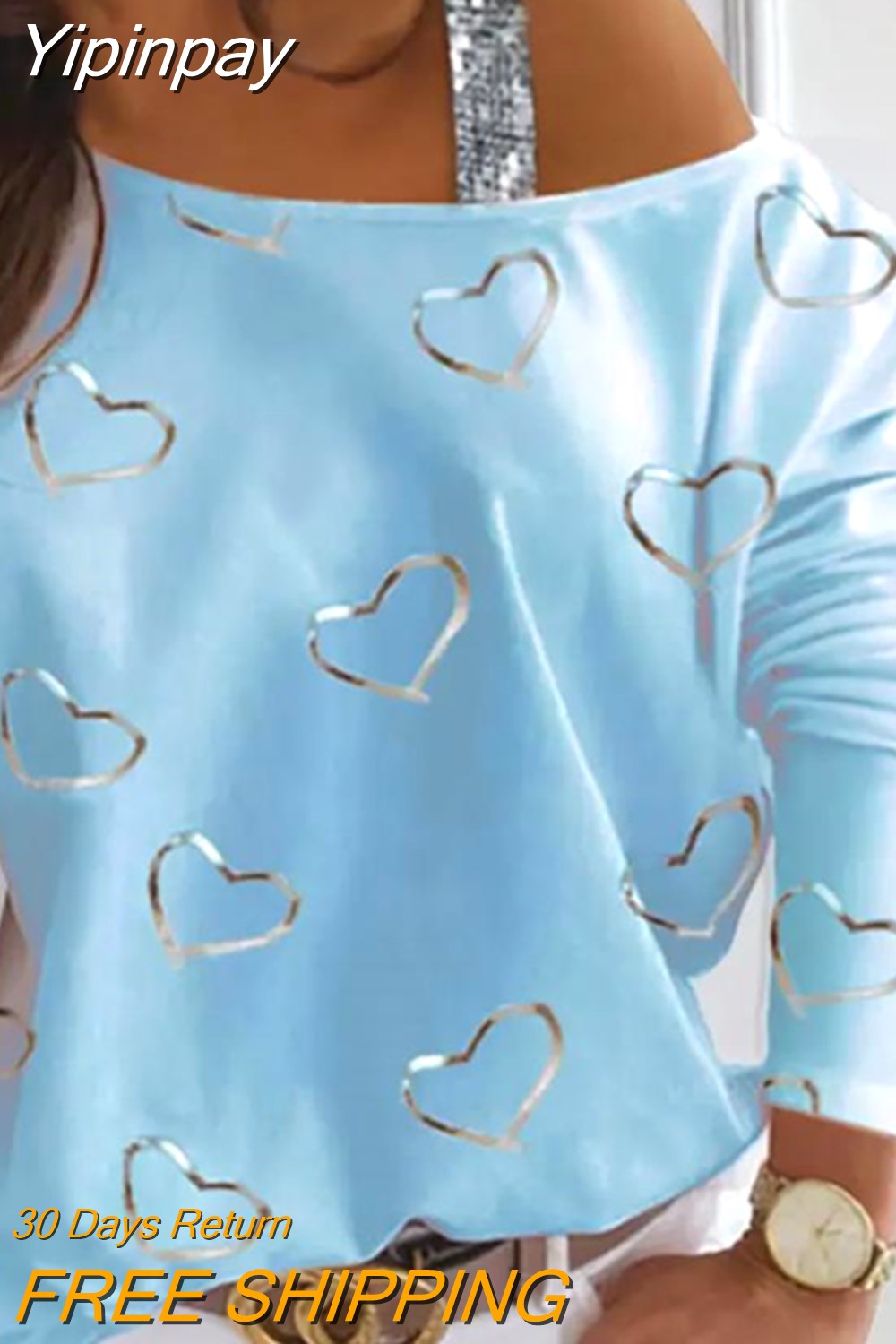 Yipinpay New Casual Tee Women's Tops Heart Pattern Sequins Cold Shoulder Long Sleeve T-Shirt Women's Clothing Autumn Spring