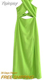 Yipinpay 2023 Cut Out Halter Dress Woman Green Backless Long Dress Women Summer Sexy Party Dresses Holiday Off Shoulder Midi Dresses